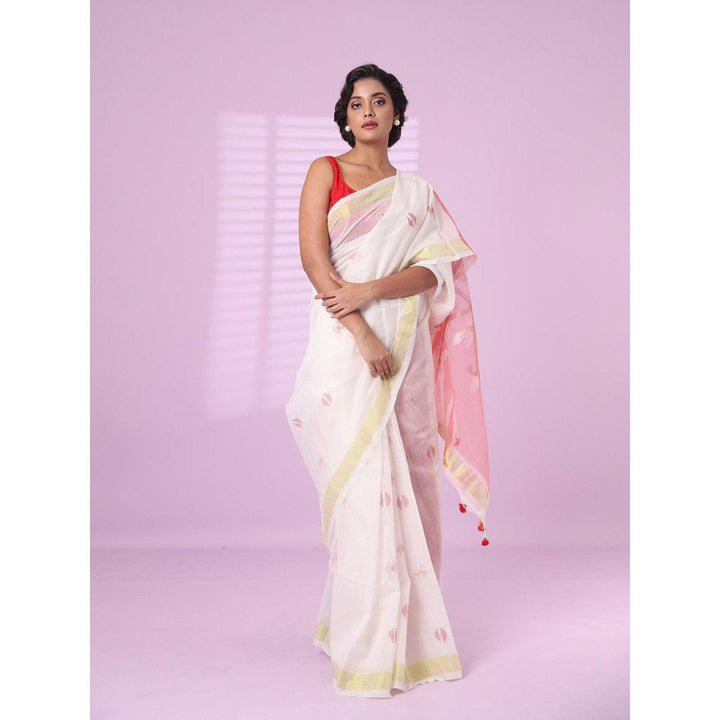 CHARUKRITI Off White Cotton Silk Saree Zari Border with Unstitched Blouse