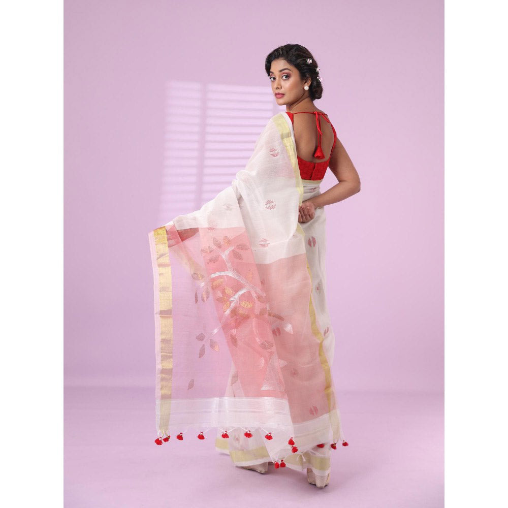 CHARUKRITI Off White Cotton Silk Saree Zari Border with Unstitched Blouse