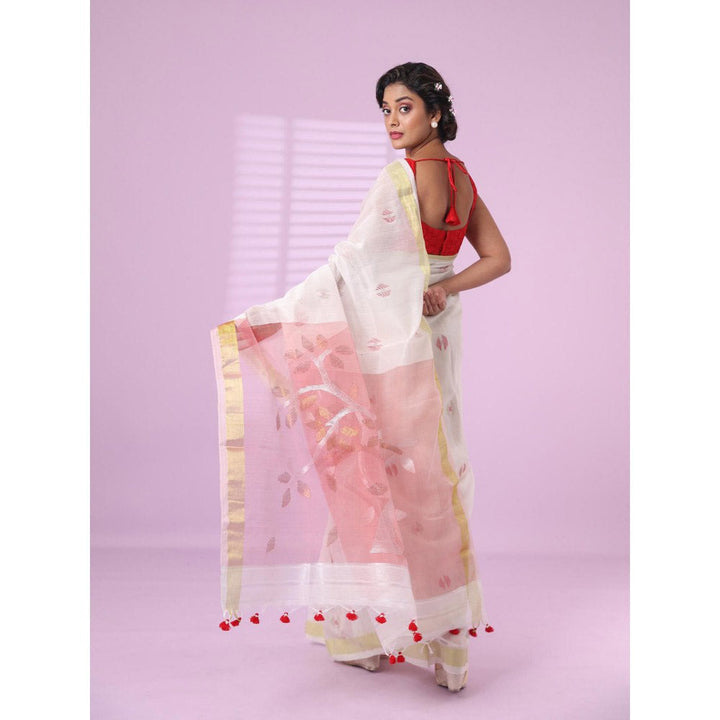 CHARUKRITI Off White Cotton Silk Saree Zari Border with Unstitched Blouse