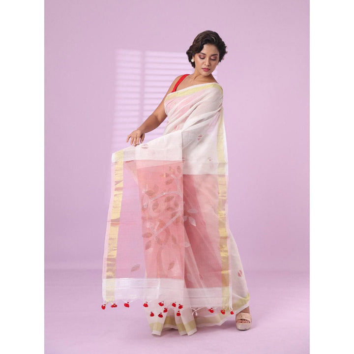 CHARUKRITI Off White Cotton Silk Saree Zari Border with Unstitched Blouse