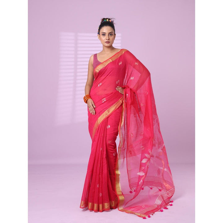 CHARUKRITI Magenta Cotton Silk Saree Zari Border with Unstitched Blouse