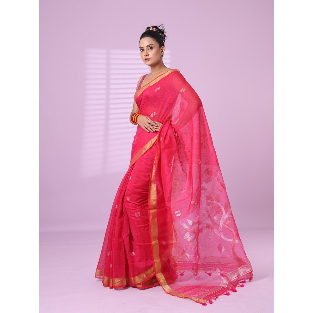 CHARUKRITI Magenta Cotton Silk Saree Zari Border with Unstitched Blouse