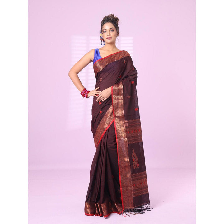 CHARUKRITI Brown Cotton Handspun Soft Saree Zari Border with Unstitched Blouse