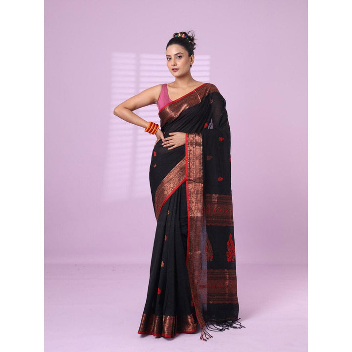 CHARUKRITI Black Cotton Handspun Soft Saree Zari Border with Unstitched Blouse