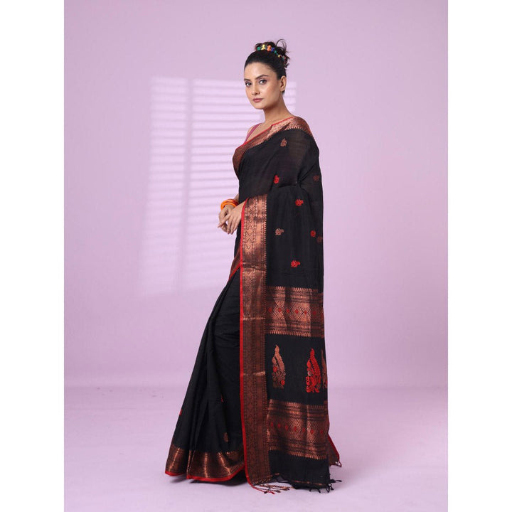 CHARUKRITI Black Cotton Handspun Soft Saree Zari Border with Unstitched Blouse