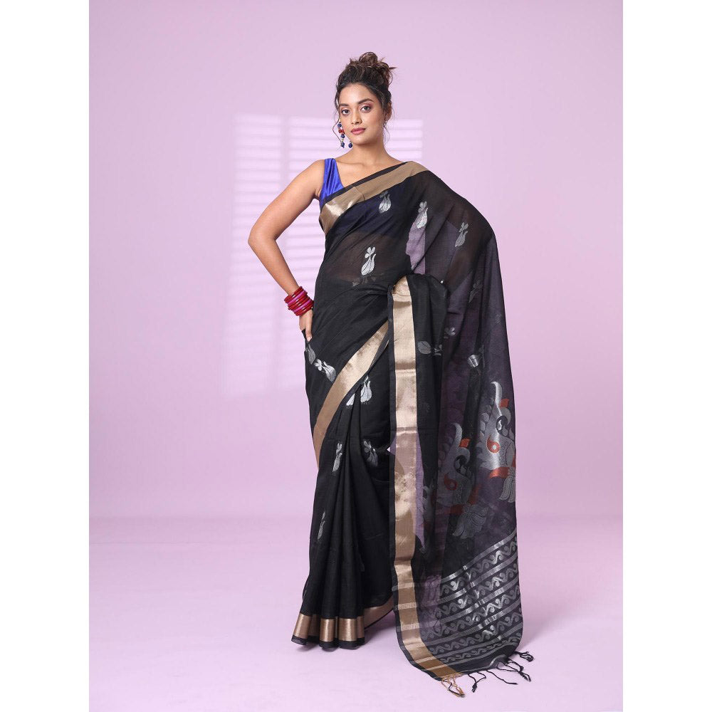 CHARUKRITI Black Silk Matka Soft Saree Nakshi Motifs with Unstitched Blouse