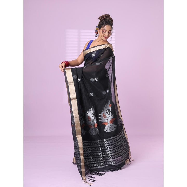 CHARUKRITI Black Silk Matka Soft Saree Nakshi Motifs with Unstitched Blouse