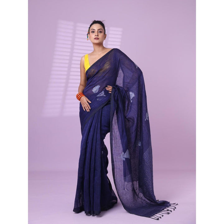 CHARUKRITI Blue Flower Motifs Linen Saree Sequence Work with Unstitched Blouse