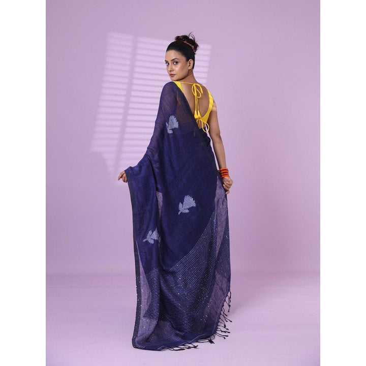 CHARUKRITI Blue Flower Motifs Linen Saree Sequence Work with Unstitched Blouse