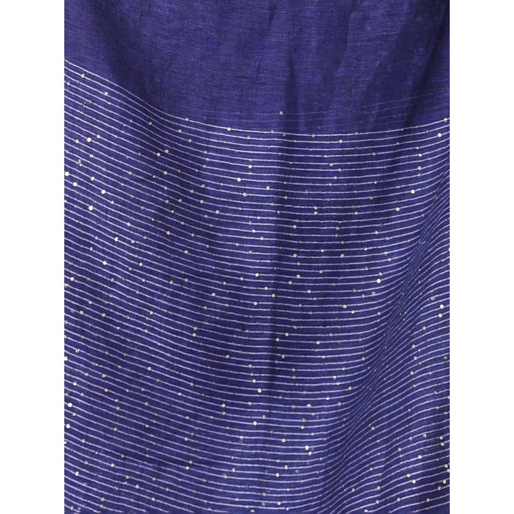 CHARUKRITI Blue Flower Motifs Linen Saree Sequence Work with Unstitched Blouse