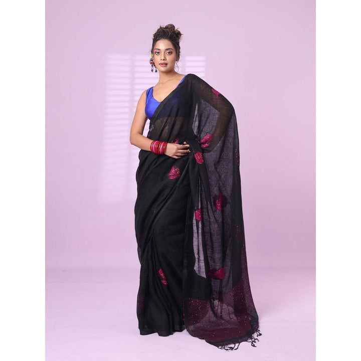 CHARUKRITI Black Flower Motifs Linen Saree Sequence Work with Unstitched Blouse