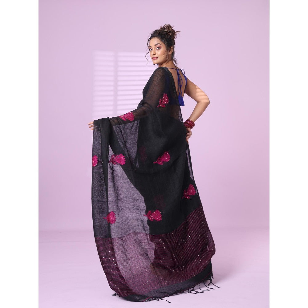 CHARUKRITI Black Flower Motifs Linen Saree Sequence Work with Unstitched Blouse