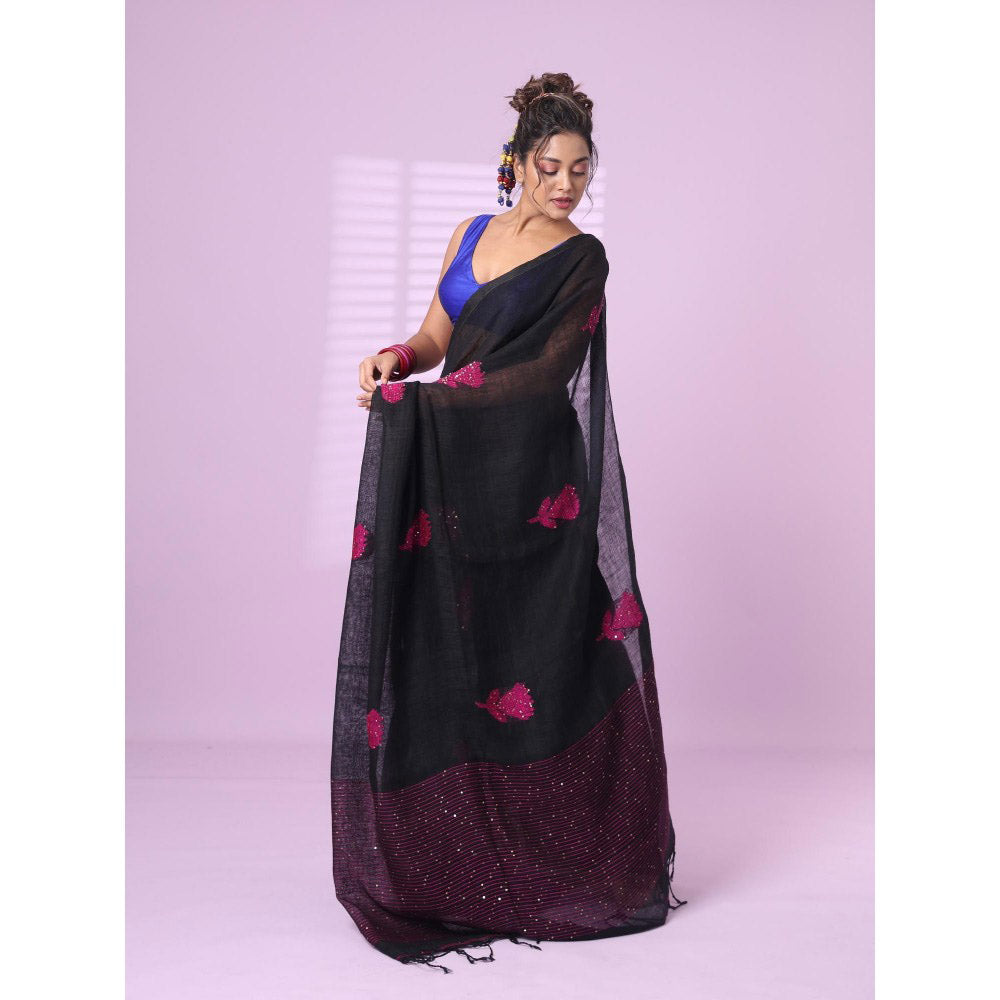 CHARUKRITI Black Flower Motifs Linen Saree Sequence Work with Unstitched Blouse