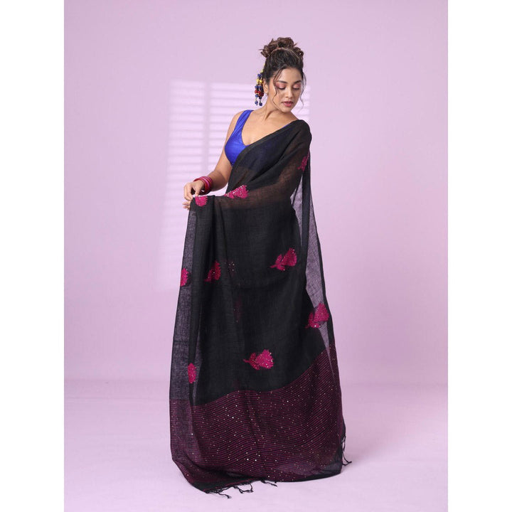 CHARUKRITI Black Flower Motifs Linen Saree Sequence Work with Unstitched Blouse