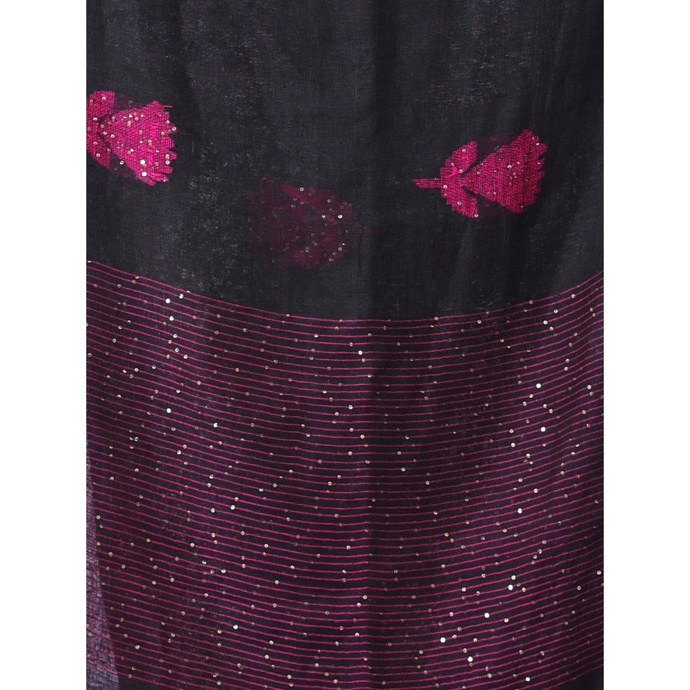 CHARUKRITI Black Flower Motifs Linen Saree Sequence Work with Unstitched Blouse