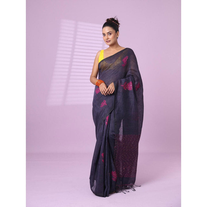 CHARUKRITI Grey Flower Motifs Linen Saree Sequence Work with Unstitched Blouse