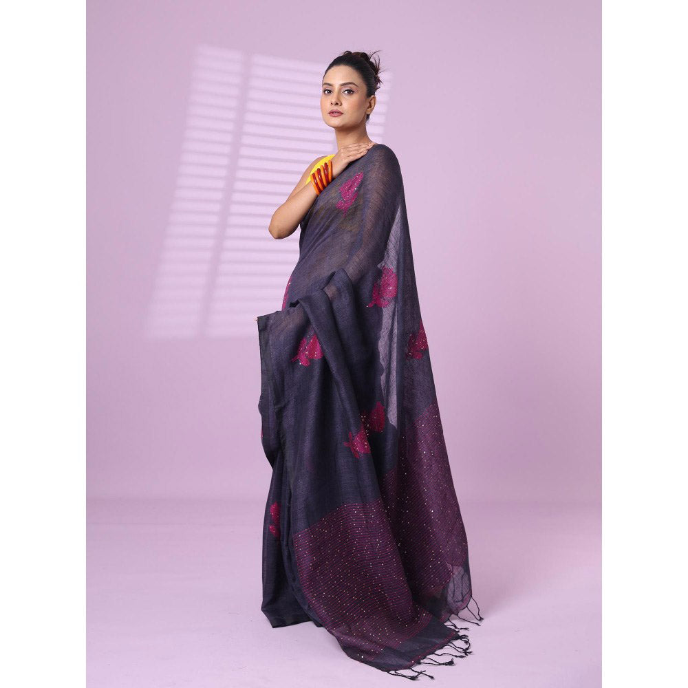 CHARUKRITI Grey Flower Motifs Linen Saree Sequence Work with Unstitched Blouse