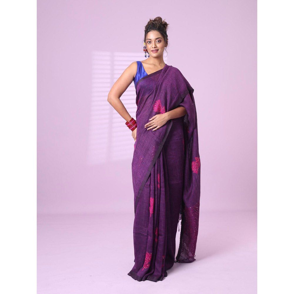 CHARUKRITI Purple Flower Motifs Linen Saree Sequence Work with Unstitched Blouse