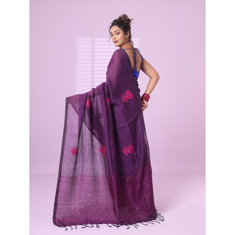 CHARUKRITI Purple Flower Motifs Linen Saree Sequence Work with Unstitched Blouse