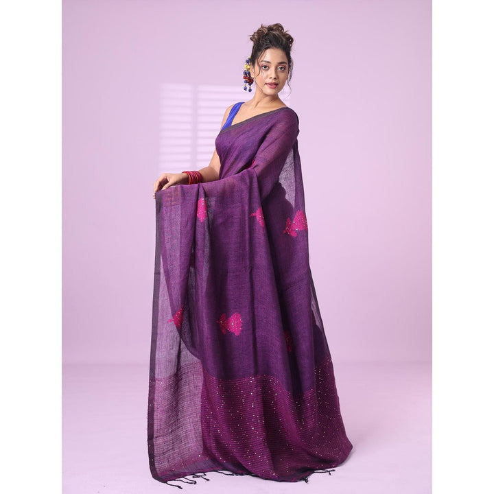 CHARUKRITI Purple Flower Motifs Linen Saree Sequence Work with Unstitched Blouse