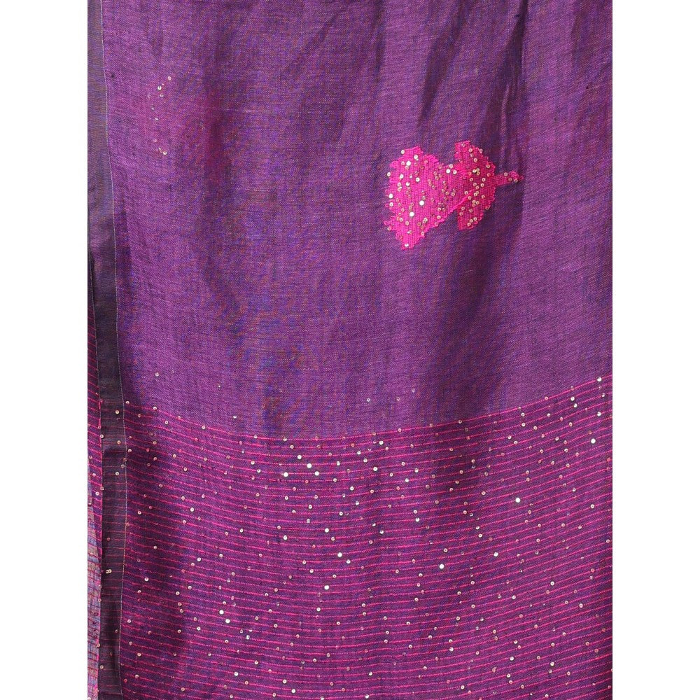 CHARUKRITI Purple Flower Motifs Linen Saree Sequence Work with Unstitched Blouse