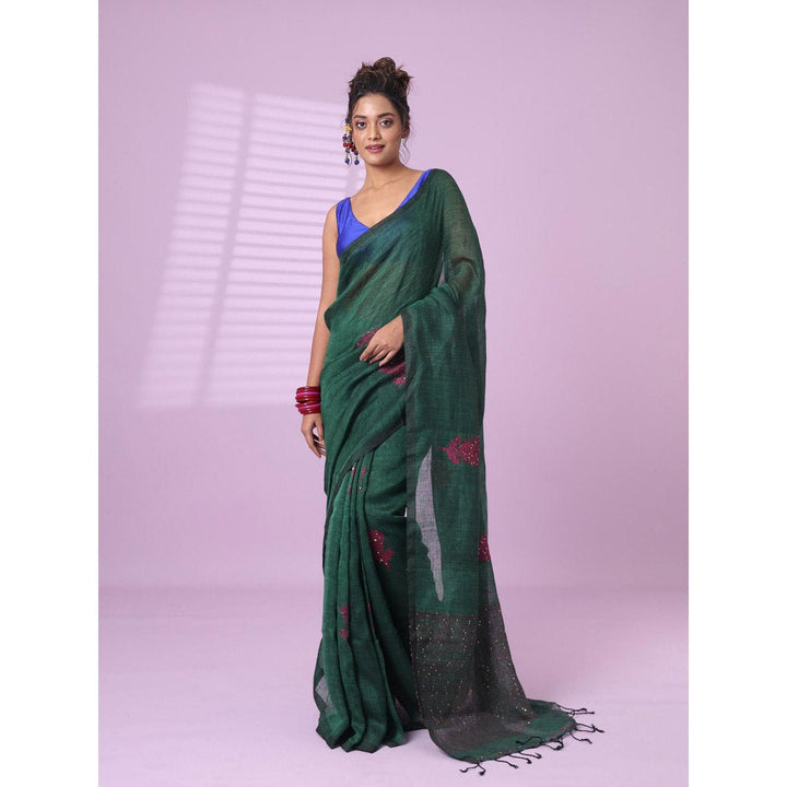 CHARUKRITI Green Flower Motifs Linen Saree Sequence Work with Unstitched Blouse