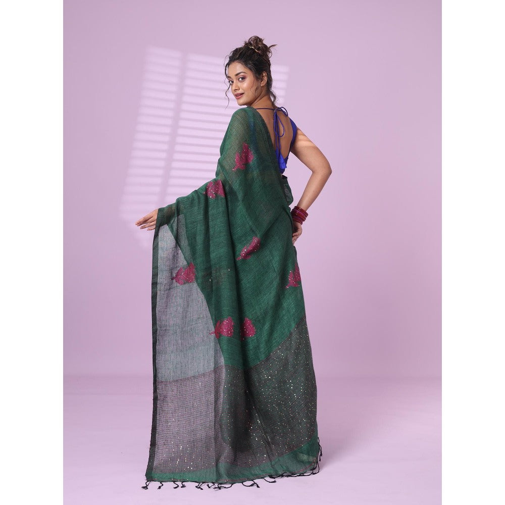 CHARUKRITI Green Flower Motifs Linen Saree Sequence Work with Unstitched Blouse