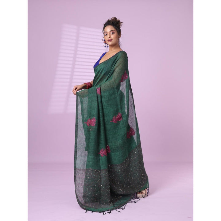 CHARUKRITI Green Flower Motifs Linen Saree Sequence Work with Unstitched Blouse