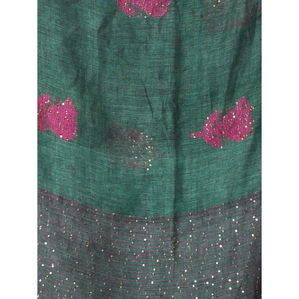 CHARUKRITI Green Flower Motifs Linen Saree Sequence Work with Unstitched Blouse