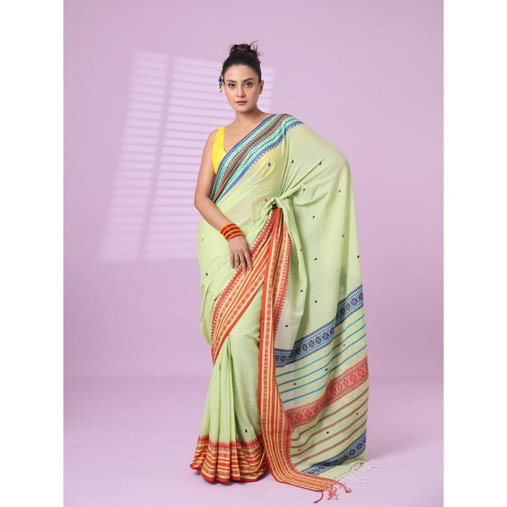 CHARUKRITI Pistachio Green Cotton Handspun Soft Saree Texture Border with Unstitched Blouse