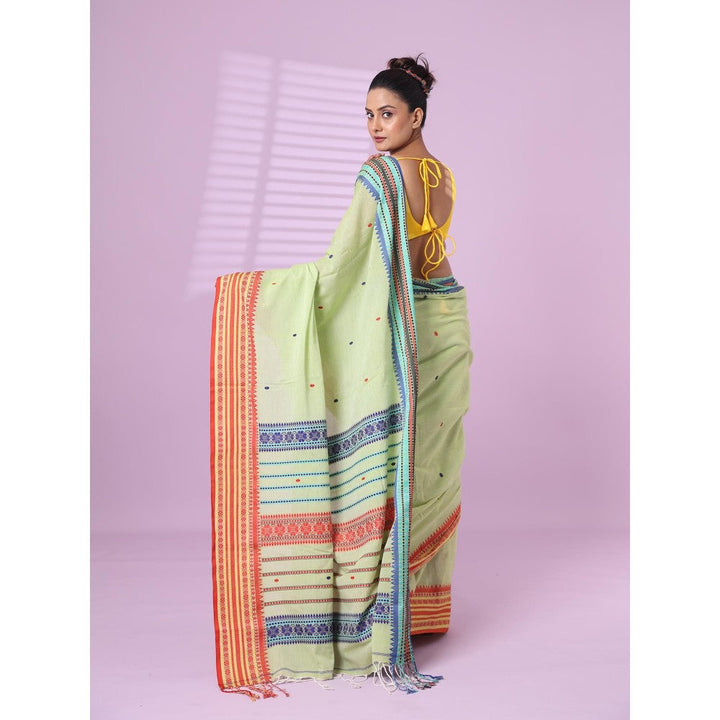 CHARUKRITI Pistachio Green Cotton Handspun Soft Saree Texture Border with Unstitched Blouse