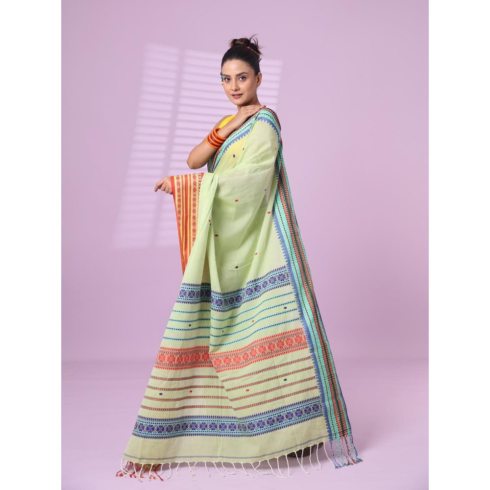 CHARUKRITI Pistachio Green Cotton Handspun Soft Saree Texture Border with Unstitched Blouse