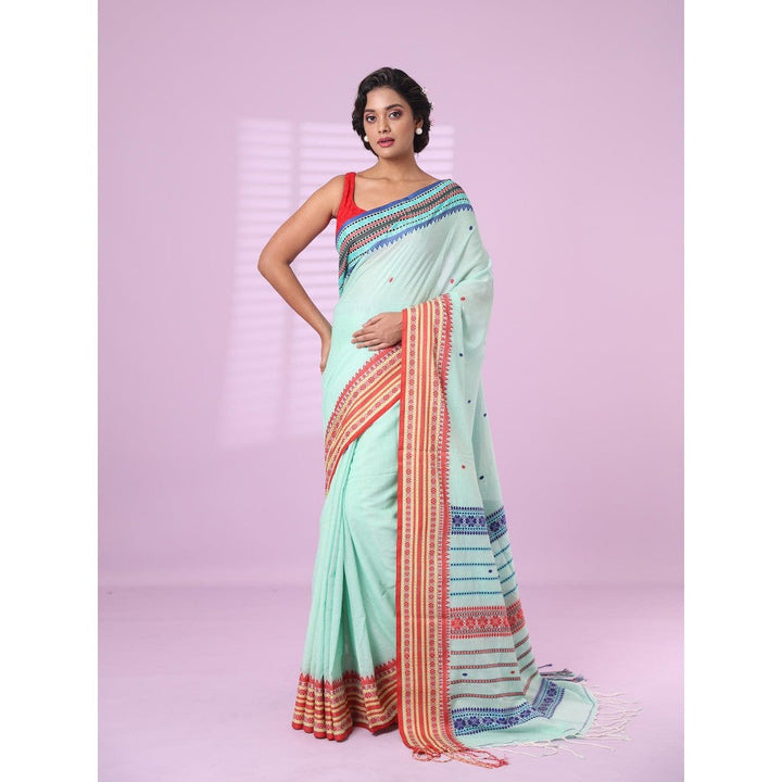 CHARUKRITI Sea Green Cotton Handspun Soft Saree Texture Border with Unstitched Blouse