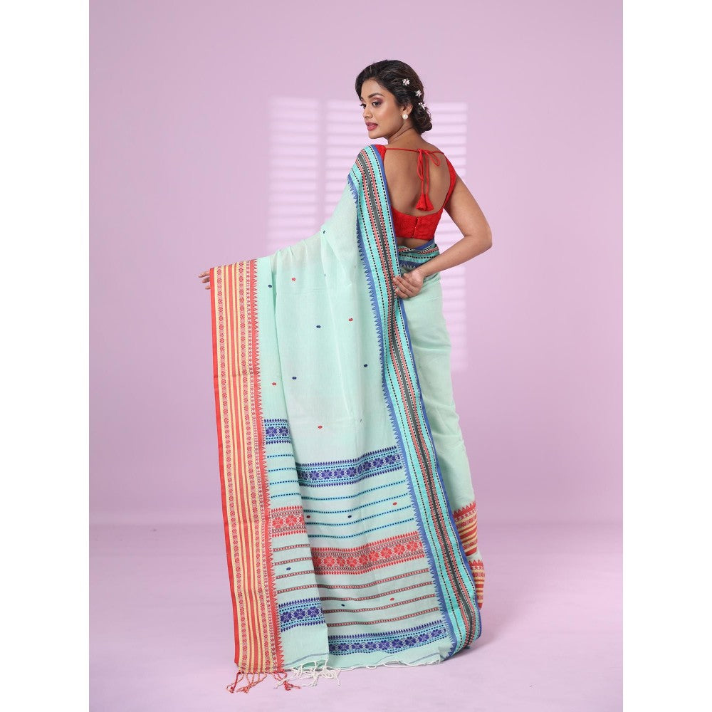 CHARUKRITI Sea Green Cotton Handspun Soft Saree Texture Border with Unstitched Blouse