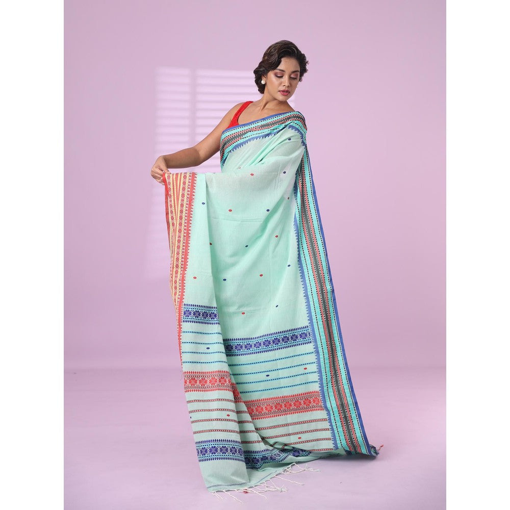 CHARUKRITI Sea Green Cotton Handspun Soft Saree Texture Border with Unstitched Blouse