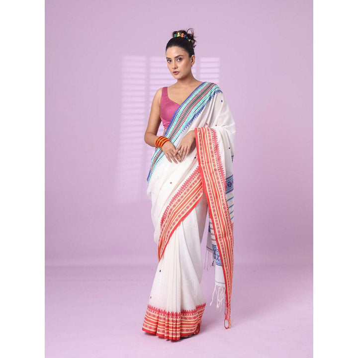 CHARUKRITI White Cotton Handspun Soft Saree Texture Border with Unstitched Blouse