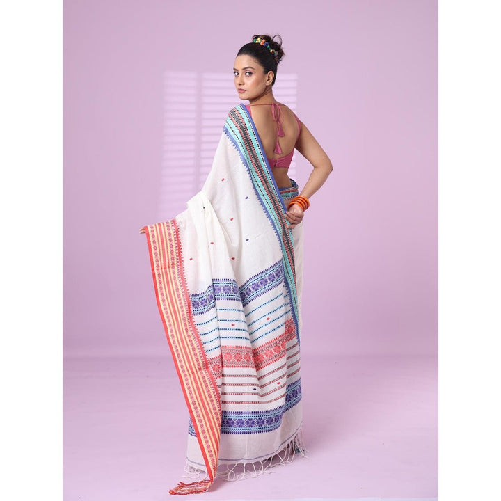 CHARUKRITI White Cotton Handspun Soft Saree Texture Border with Unstitched Blouse