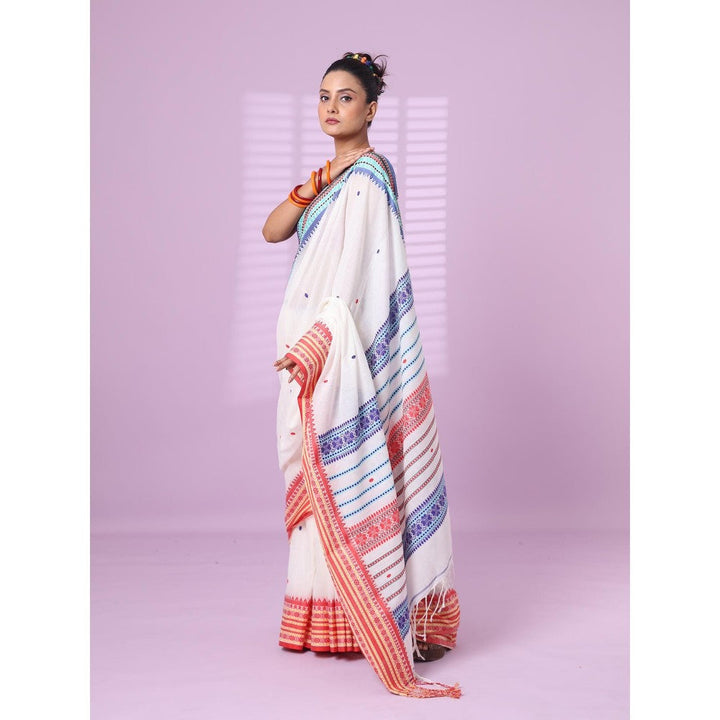 CHARUKRITI White Cotton Handspun Soft Saree Texture Border with Unstitched Blouse