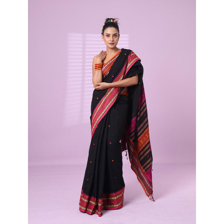 CHARUKRITI Black Cotton Handspun Soft Saree Texture Border with Unstitched Blouse