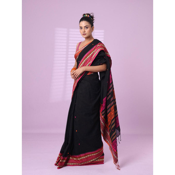 CHARUKRITI Black Cotton Handspun Soft Saree Texture Border with Unstitched Blouse