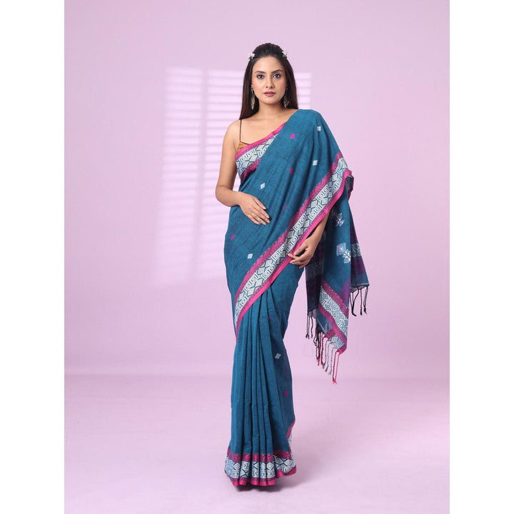 CHARUKRITI Sapphire Blue Cotton Handspun Soft Saree with Unstitched Blouse