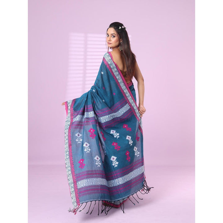 CHARUKRITI Sapphire Blue Cotton Handspun Soft Saree with Unstitched Blouse