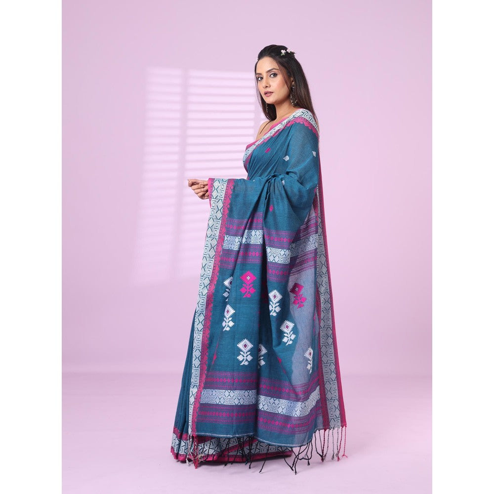 CHARUKRITI Sapphire Blue Cotton Handspun Soft Saree with Unstitched Blouse