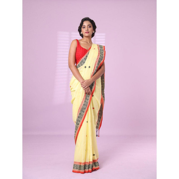 CHARUKRITI Yellow Cotton Handspun Soft Saree with Unstitched Blouse