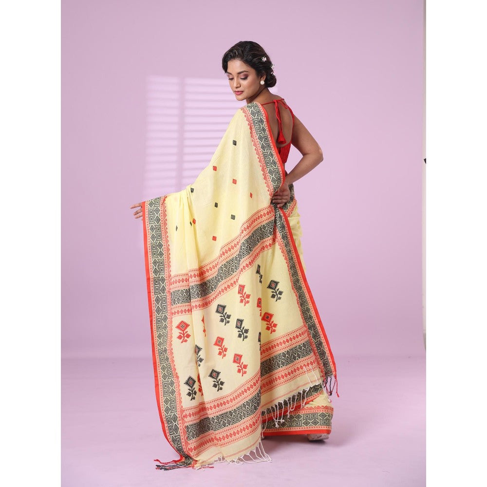 CHARUKRITI Yellow Cotton Handspun Soft Saree with Unstitched Blouse