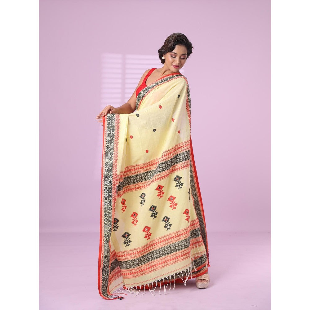 CHARUKRITI Yellow Cotton Handspun Soft Saree with Unstitched Blouse