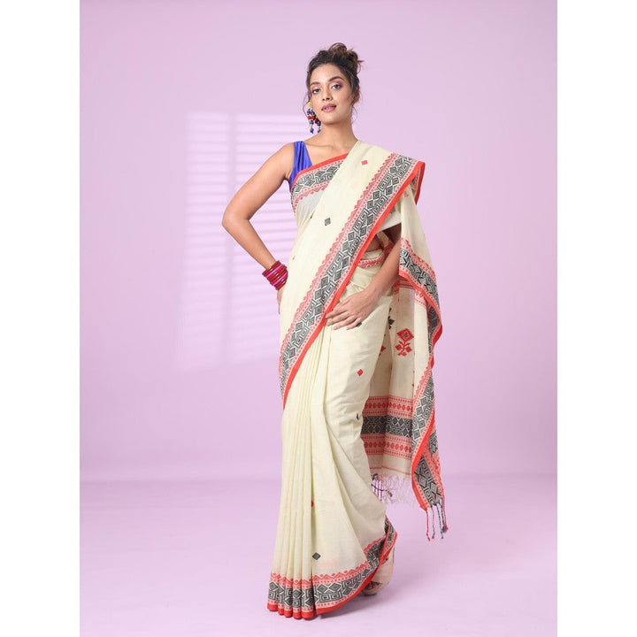 CHARUKRITI Ecru Cotton Handspun Soft Saree with Unstitched Blouse