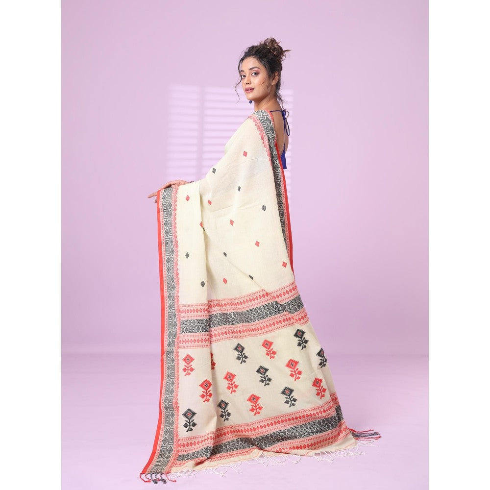 CHARUKRITI Ecru Cotton Handspun Soft Saree with Unstitched Blouse