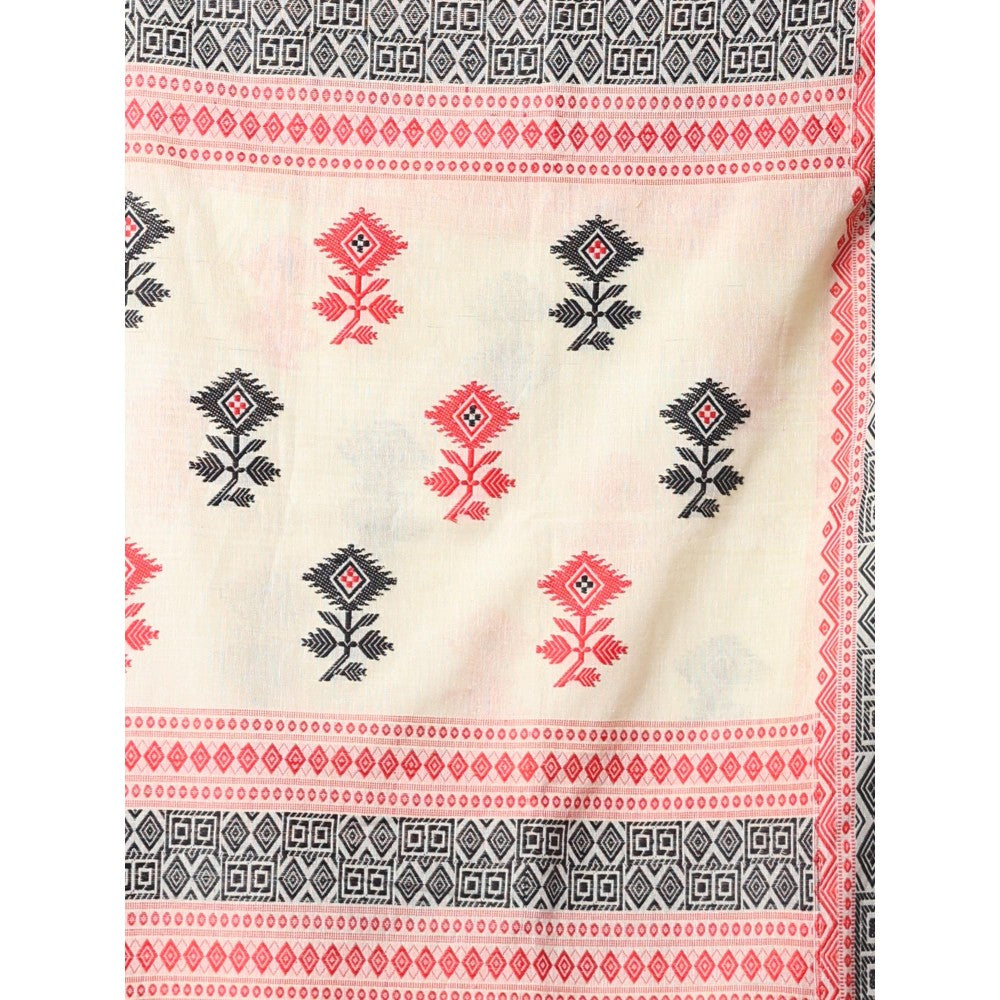 CHARUKRITI Ecru Cotton Handspun Soft Saree with Unstitched Blouse