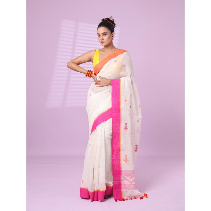 CHARUKRITI Off White Linen Saree Ganga Jamuna Border with Unstitched Blouse